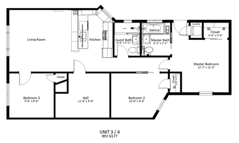 Floor plan for 3 beds, 2 baths